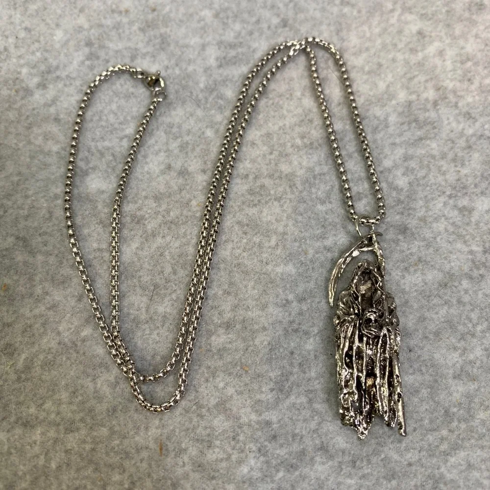 Grim Reaper Pendant Necklace Silvertone Gothic Halloween Death Biker Emo New